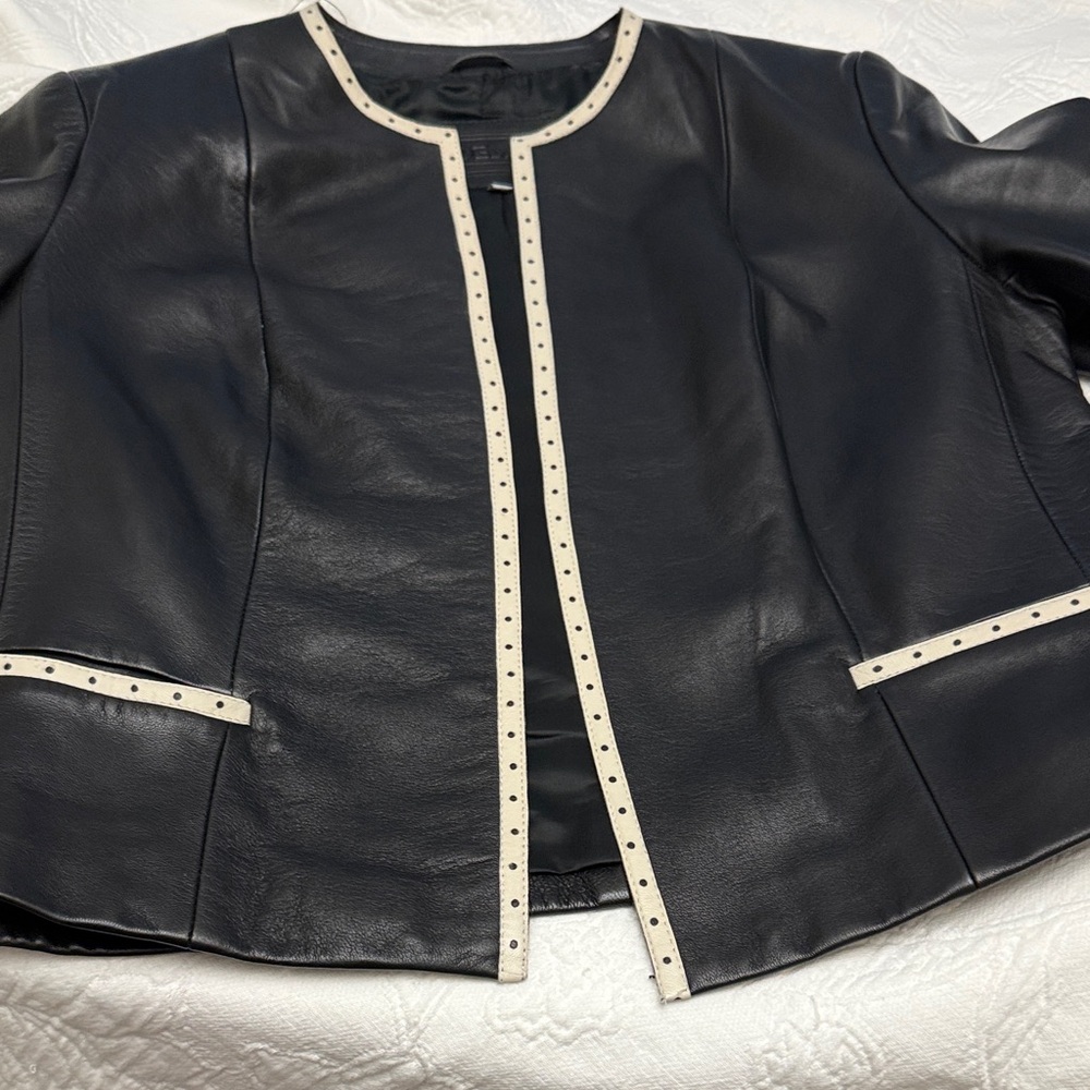 Boutique Chic Black Leather Jacket with Cream Trim
